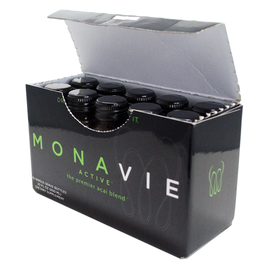 Open box of Monavie Active Shots showing ten single-serve bottles